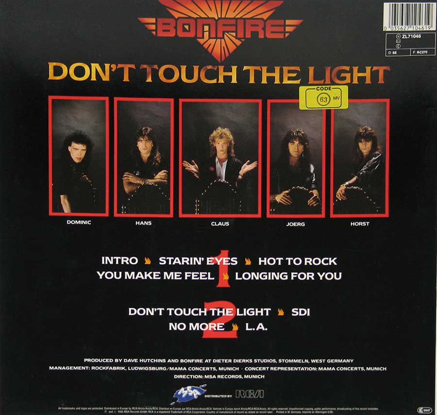 BONFIRE - Dont Touch The Light (Cacumen) 12" Vinyl LP Album back cover