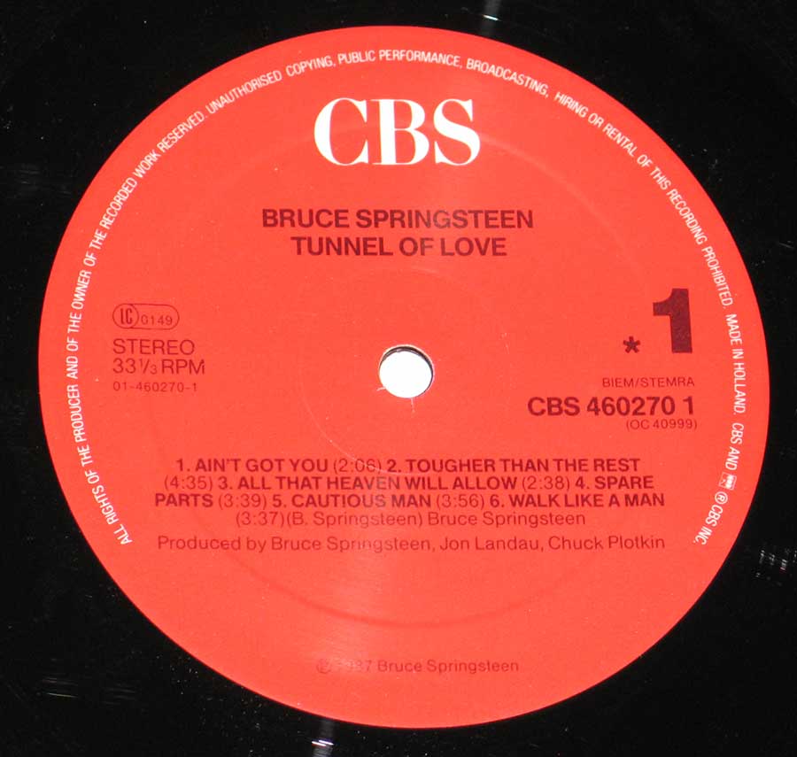 "Tunnel Of Love" Record Label Details: Red Colour CBS 460270 1 