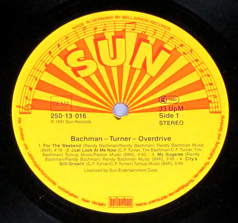 Close-up Photo of "BACHMAN TURNER OVERDRIVE - BTO 1984 album Sun records" Record Label