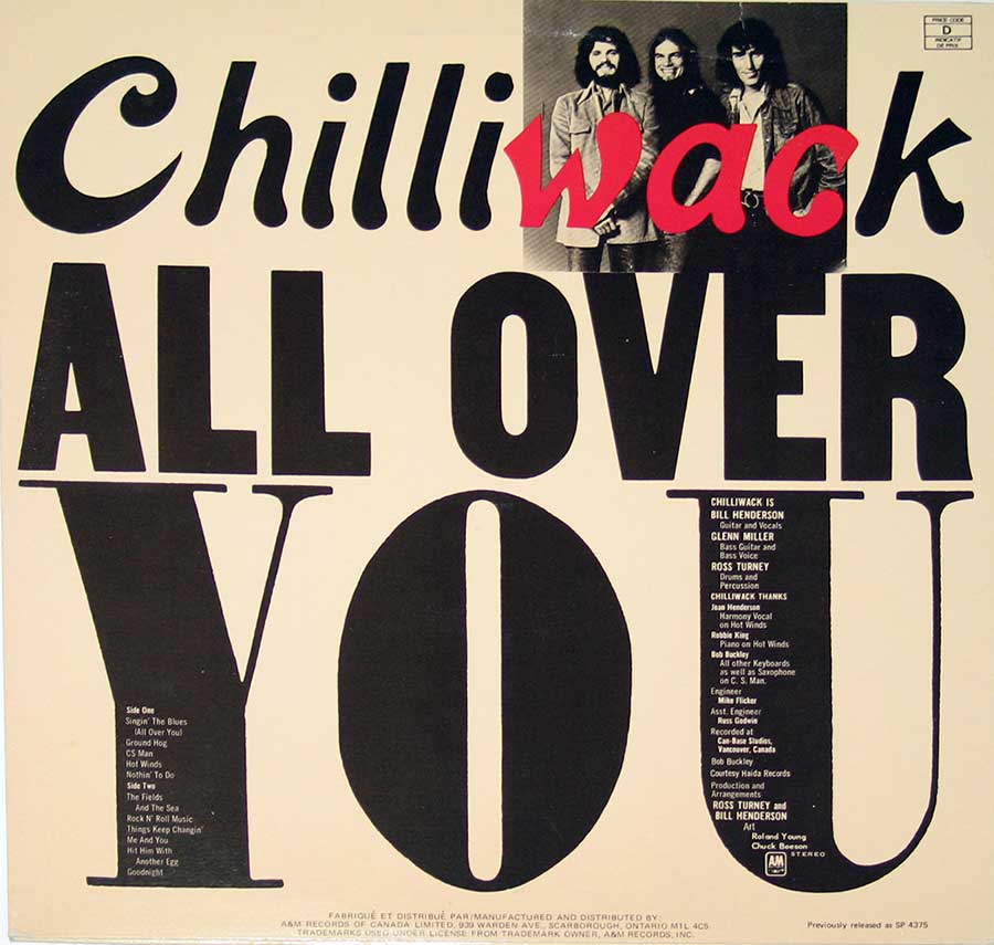 CHILLIWACK -  All Over You 12" VINYL LP ALBUM back cover