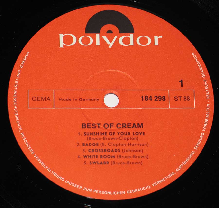 "Best Of Cream" Red Colour Polydor Record Label Details: POLYDOR 184 298 Made In Germany 