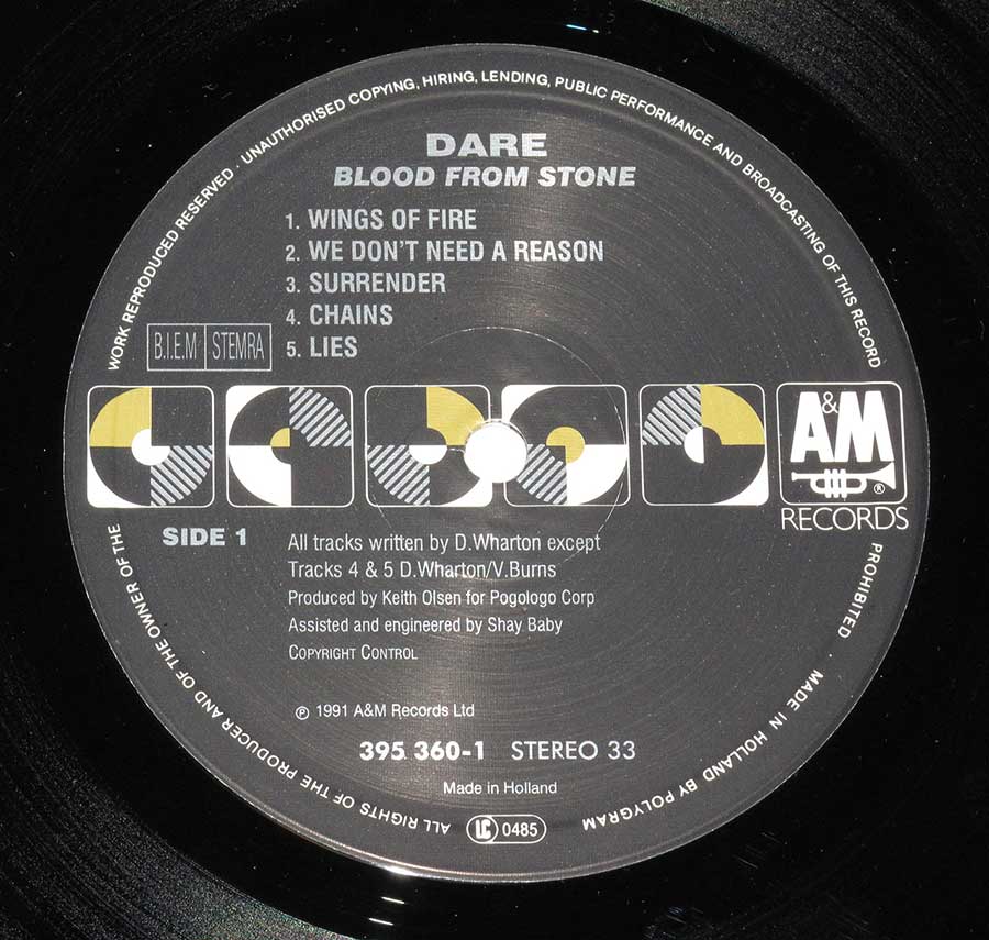Close up of record's label DARE - Blood From Stone 12" LP Vinyl Album Side One