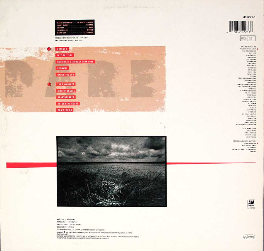 Photo of album back cover DARE - Out Of Silence 12" LP Vinyl Album
