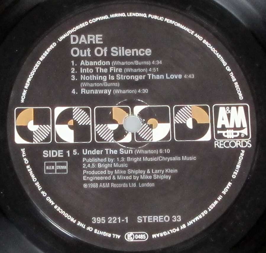 Close up of record's label DARE - Out Of Silence 12" LP Vinyl Album Side One