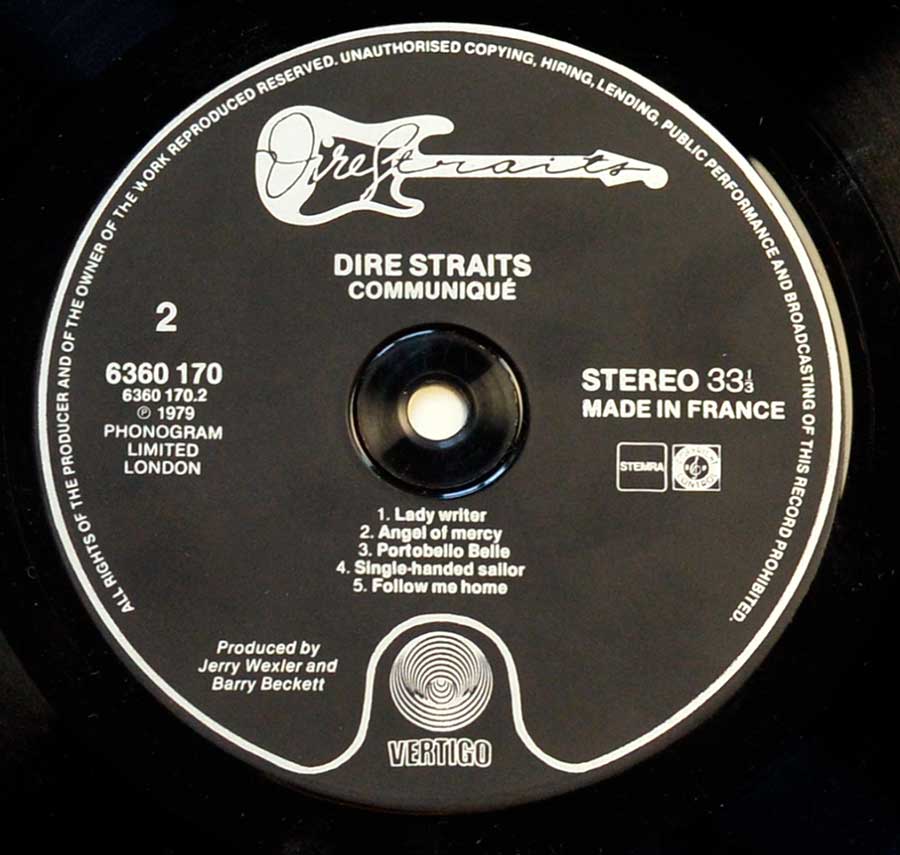 Side Two Close up of record's label DIRE STRAITS – Communiqué France And Netherlands 12" Vinyl LP Album 

