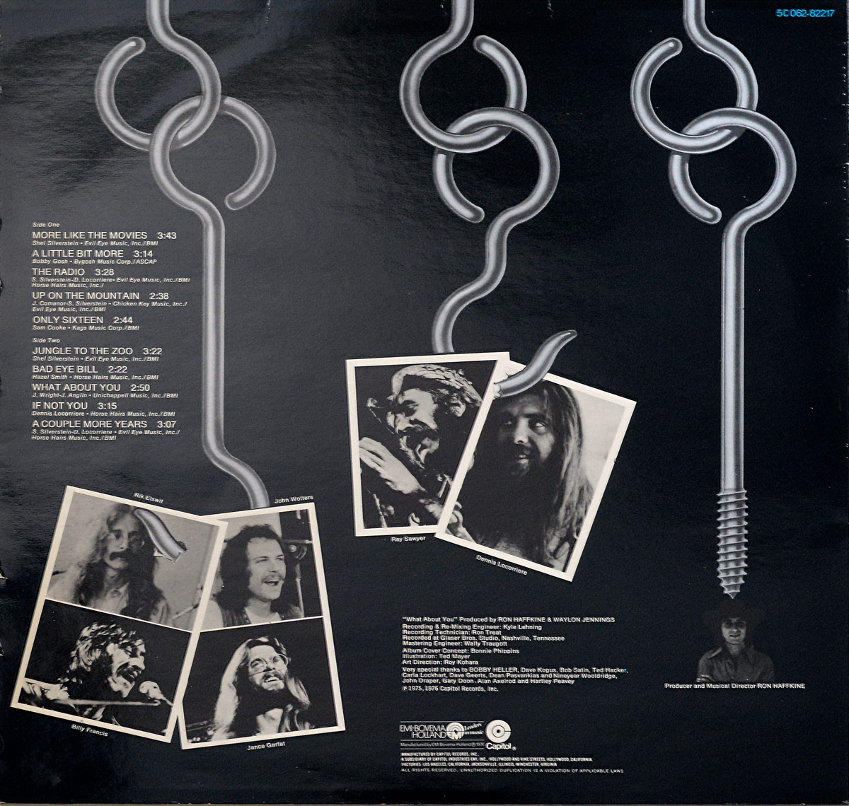 Back cover of DR. HOOK's 1976 album A Little Bit More, featuring full tracklist, band member photos, intertwined metallic hook design, and production credits on a black background