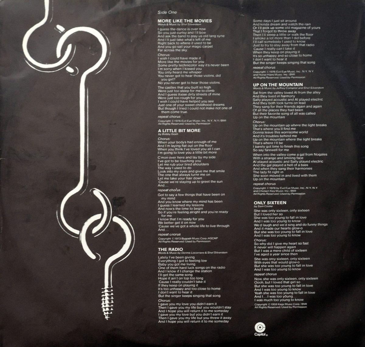 Custom inner sleeve of DR. HOOK's 1976 album A Little Bit More, featuring printed lyrics for Side One tracks in white text on black background with metallic hook design