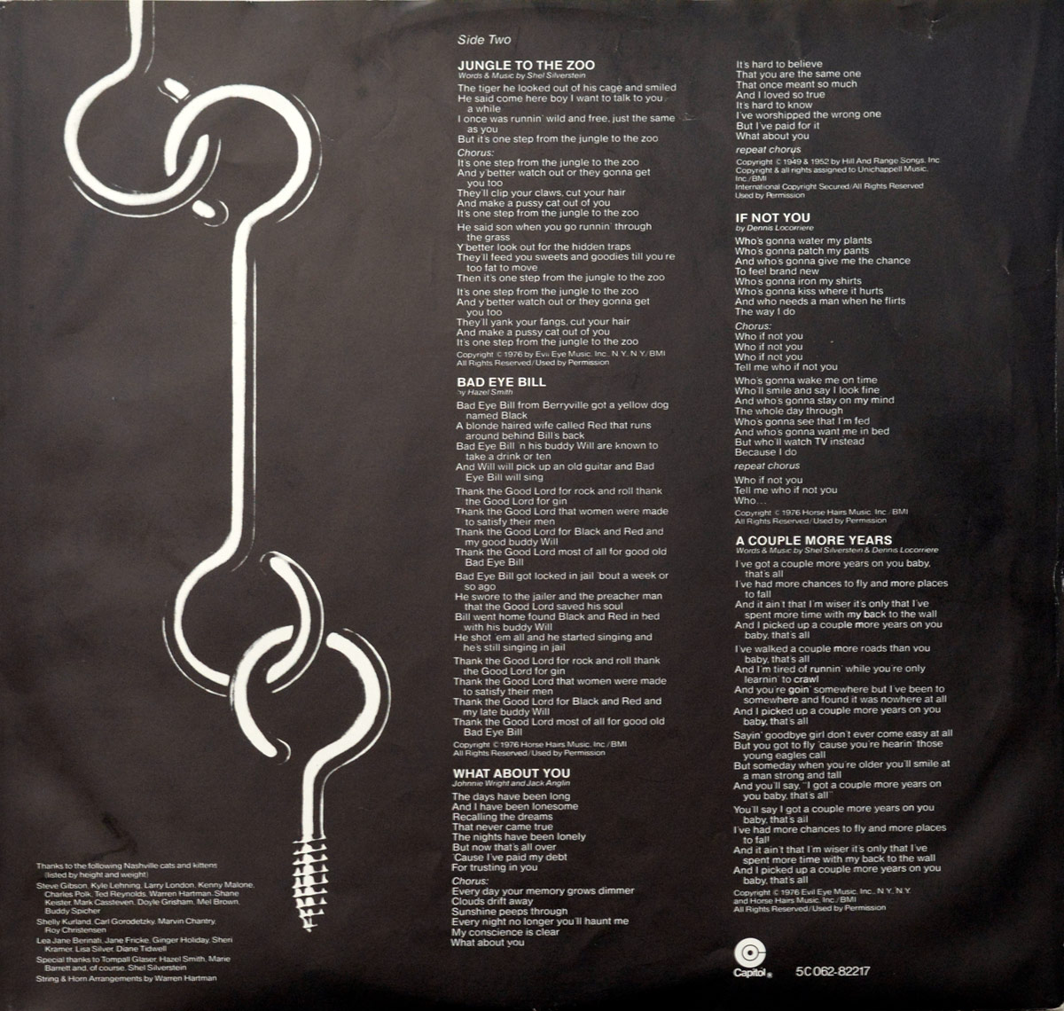 Custom inner sleeve of DR. HOOK's 1976 album A Little Bit More, showing printed lyrics for Side Two songs on black background with industrial hook design and credits at the bottom