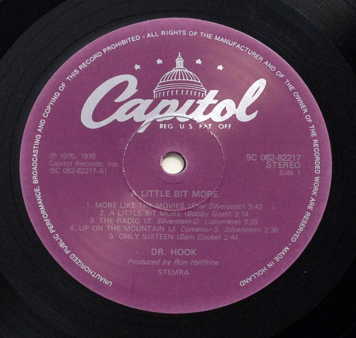 Side One label of DR. HOOK's A Little Bit More vinyl, purple Capitol Records label with white dome logo, Dutch pressing 5C 062-82217 featuring five track titles and production credits