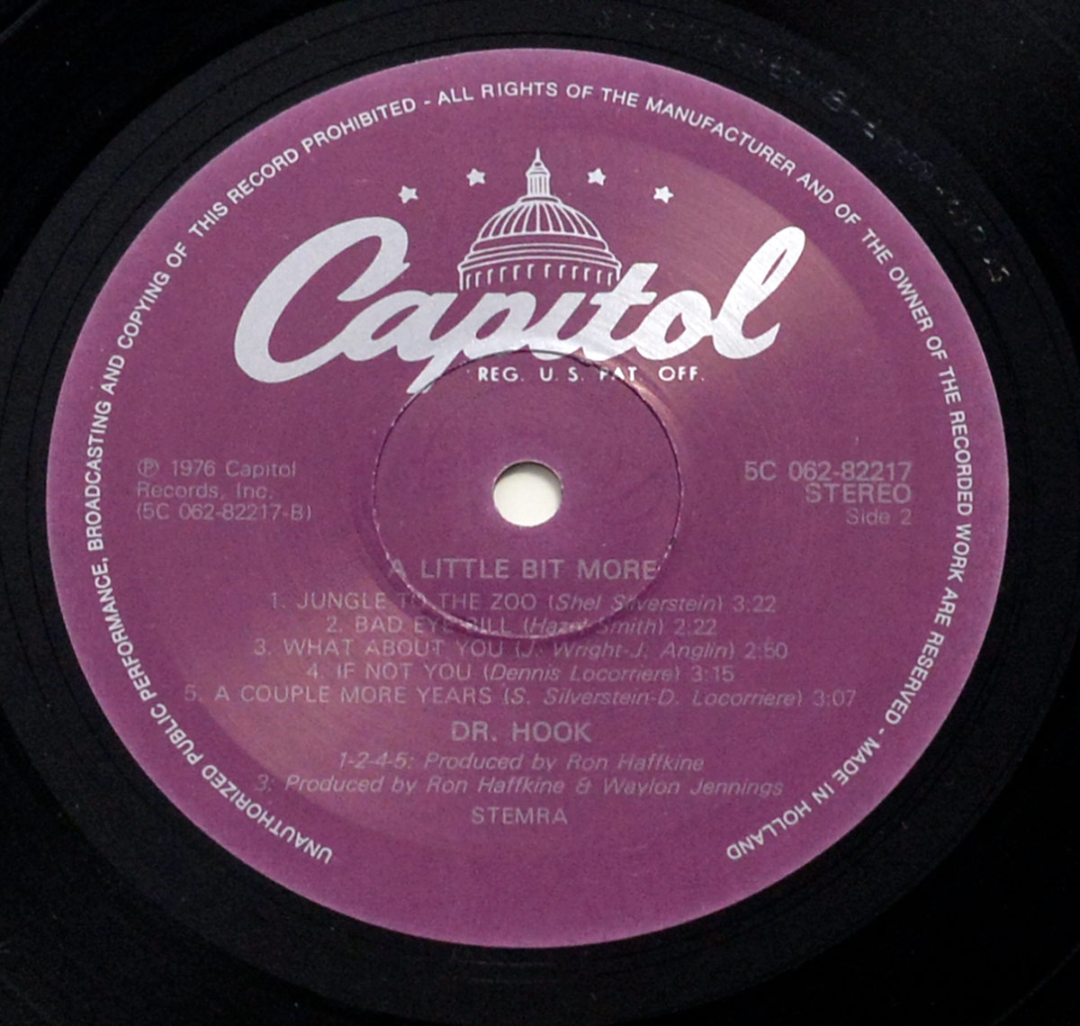 Side Two label of DR. HOOK's 1976 album A Little Bit More, purple Capitol Records label, Dutch pressing 5C 062-82217-B with five tracks listed and dual production credits