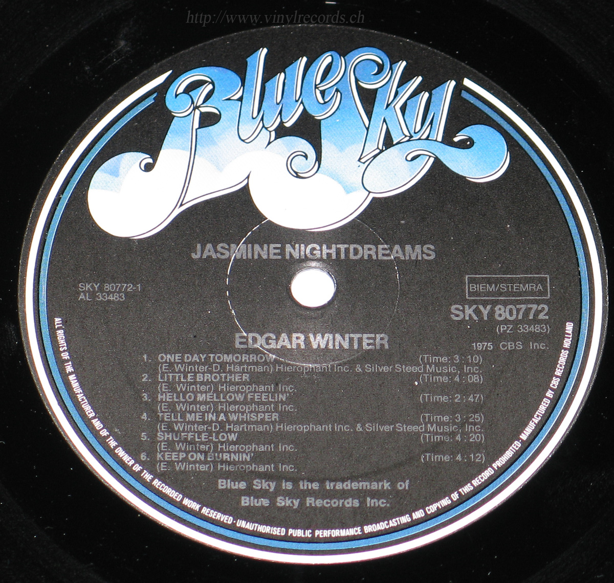 Close up of Side One record's label Jasmine Nightdreams