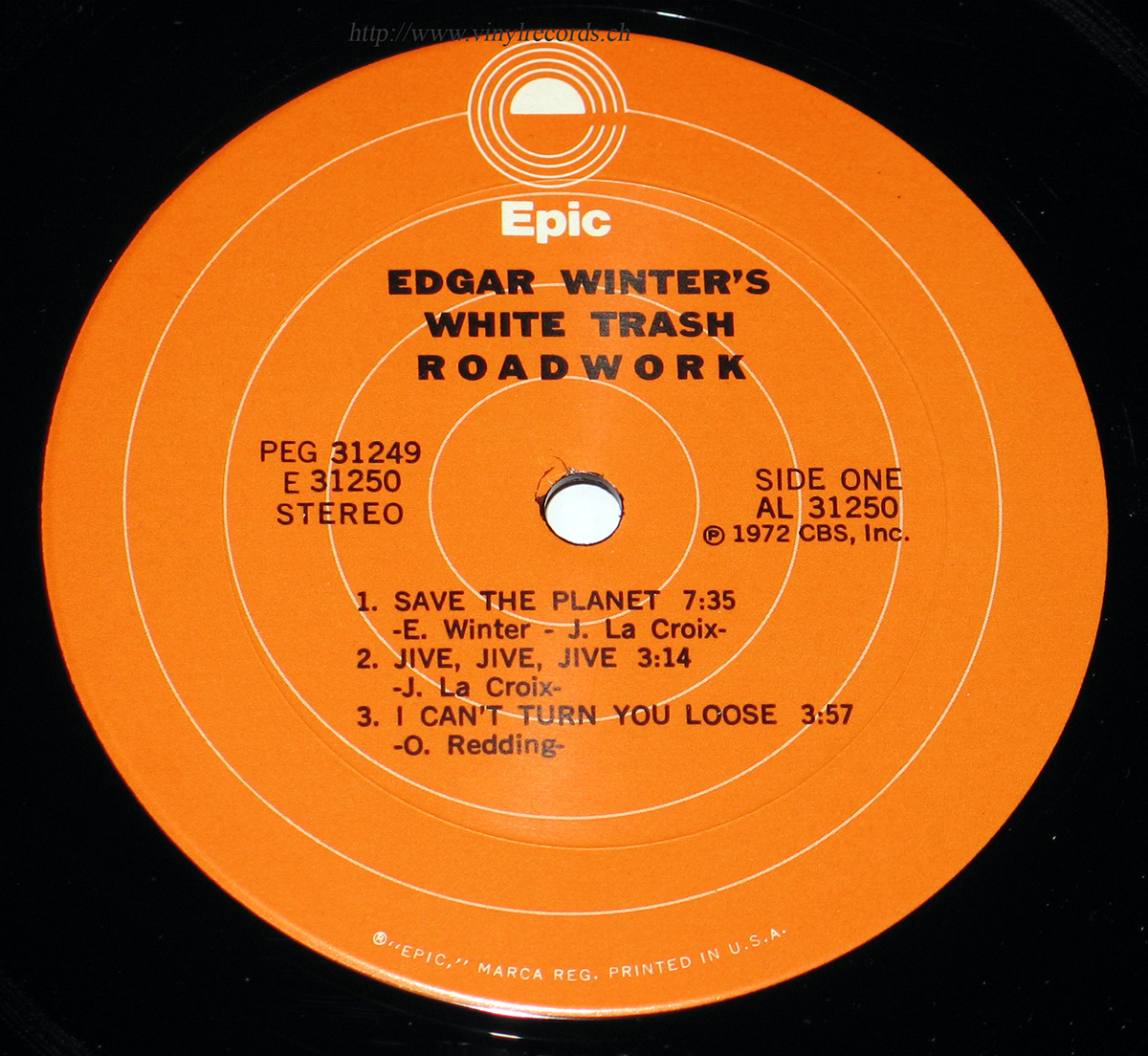 Close up of Side One record's label Edgar Winter's White Trash - Roadwork