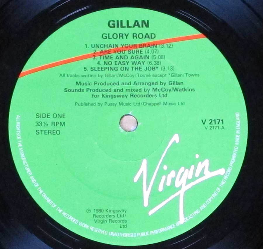 "GLORY ROAD by Gillan Band" Green Colour Virgin Record Label Details: Virgin V 2171 ℗ 1980 Kingsway Recorders Ltd / Virgin Records Ltd Sound Copyright 