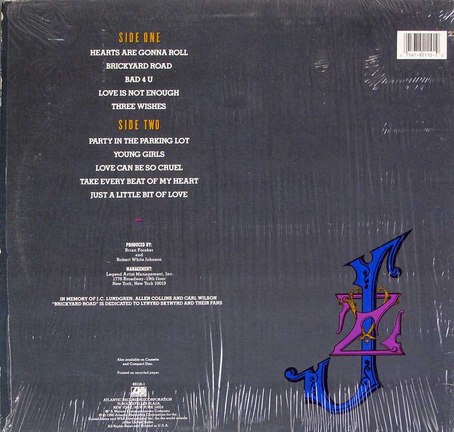 JOHNNY VAN ZANT - Brickyard Road 12" LP VINYL ALBUM back cover
