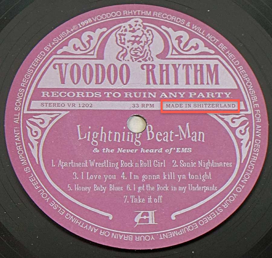 Close up of record's label LIGHTNING BEAT-MAN And The Never Heard Of Ems Apartment Wrestling Rock N Roll 12" LP Vinyl Album Side One