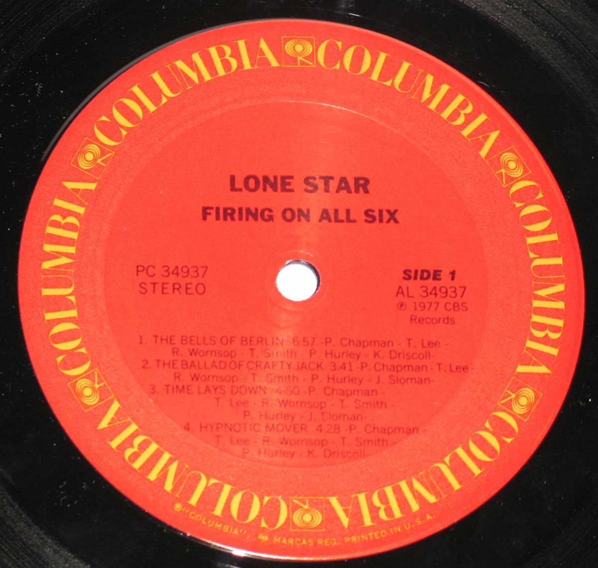 Close-up Photo of "Firing on all Six" Record Label  