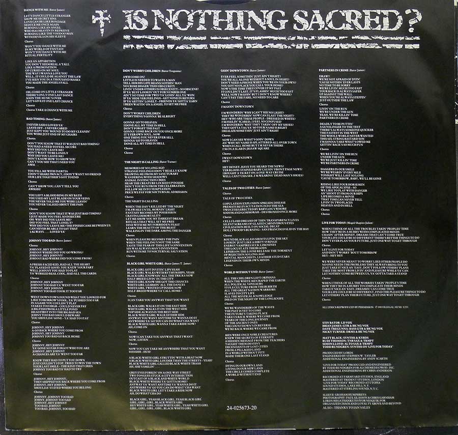 Lords of the New Church Is Nothing Sacred? 12" VInyl LP Album custom inner sleeve