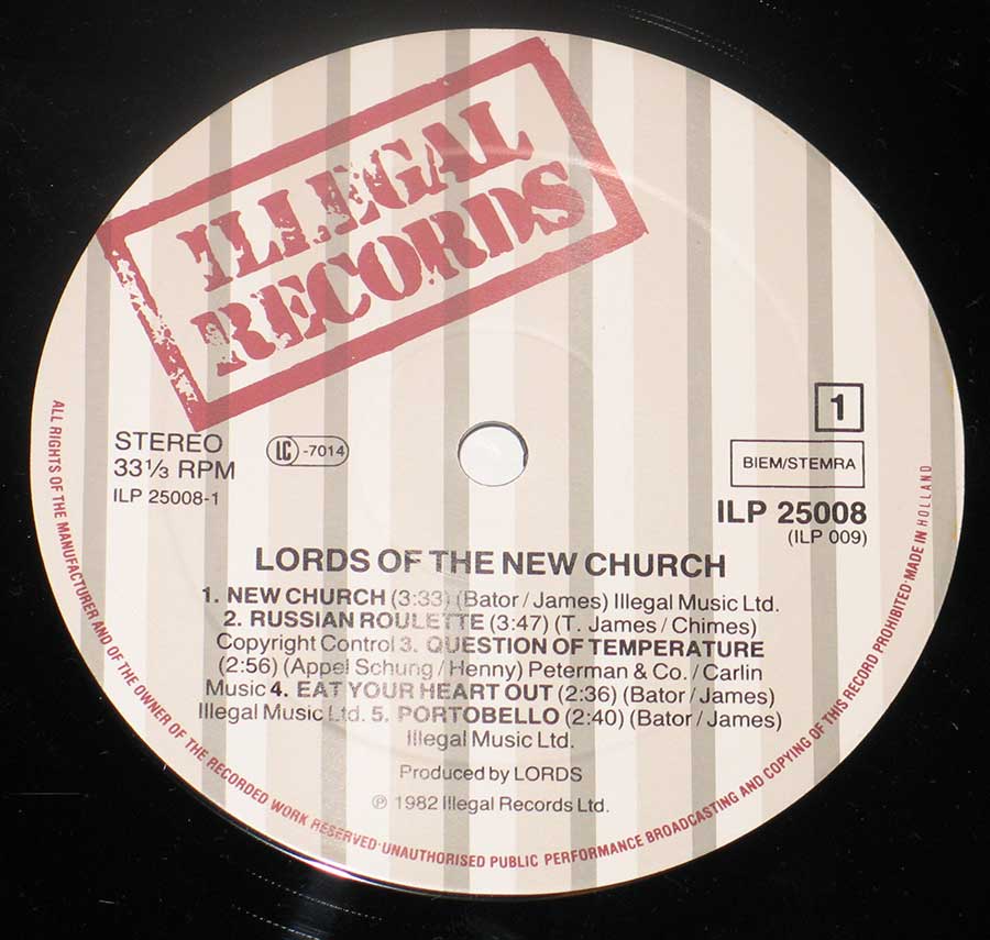 LORDS OF THE NEW CHURCH Self-Titled 12" Vinyl LP Album enlarged record label