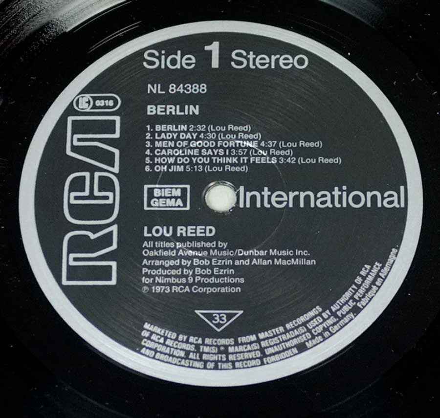 "Berlin" Black Colour RCA Record Label Details: RCA International NL 84388 ℗ 1973 RCA Sound Copyright 
