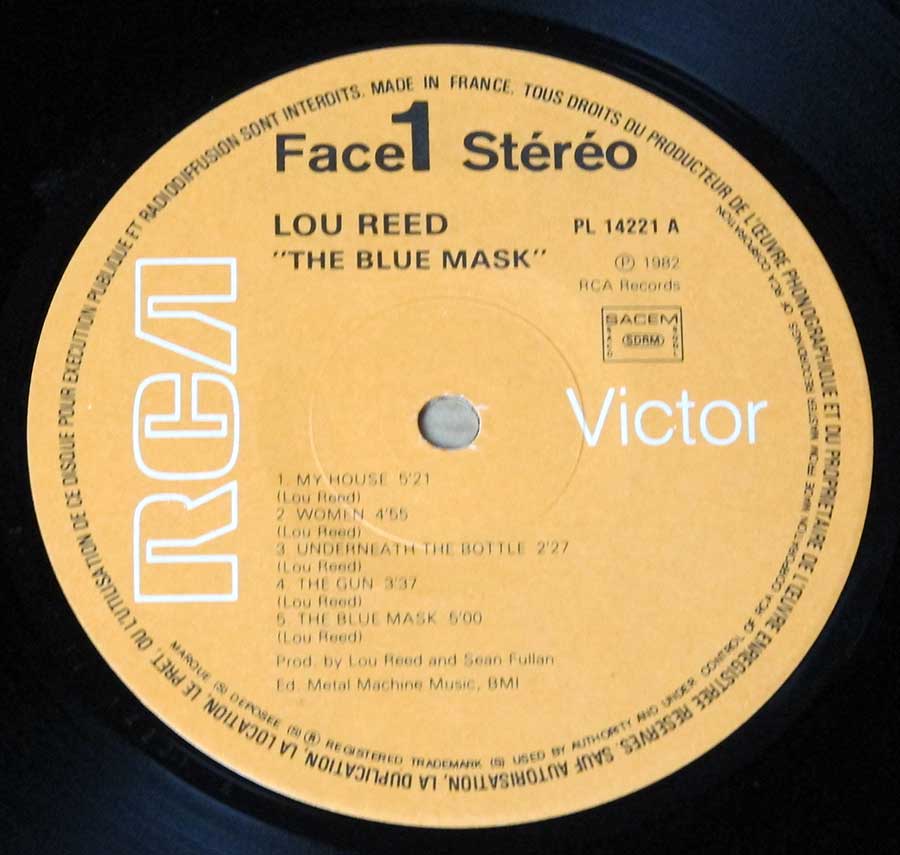 "The Blue Mask" Beige Colour RCA Record Label Details: RCA Victor PL 14221 ℗ 1982 RCA Records Sound Copyright, SACEM SDRM 