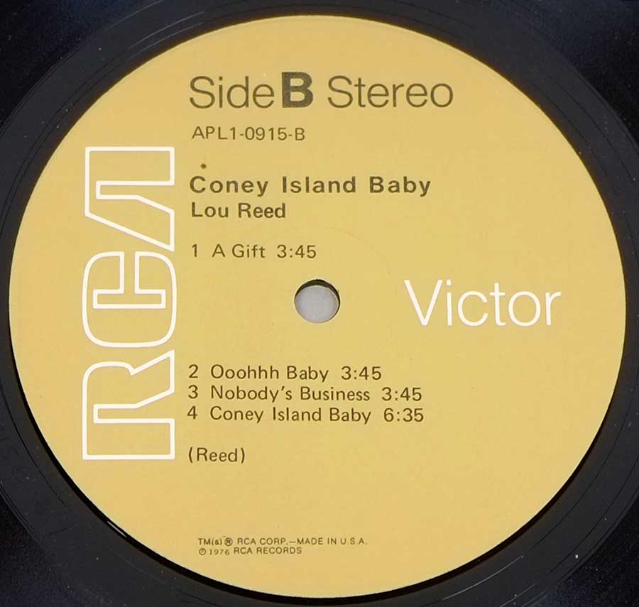 Side Two Close up of record's label LOU REED - Coney Island Baby RCA USA Release 12" LP Vinyl Album