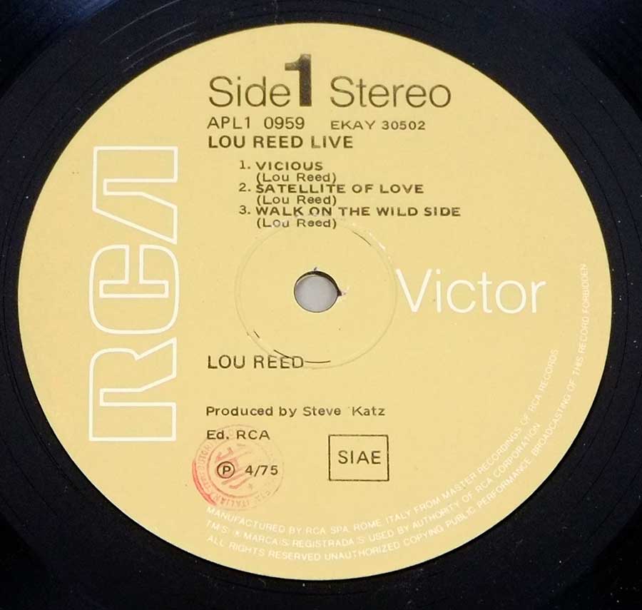 "Lou Reed LIVE" Record Label Details: RCA Victor APL1 0959 ℗ April 1975 Sound Copyright 