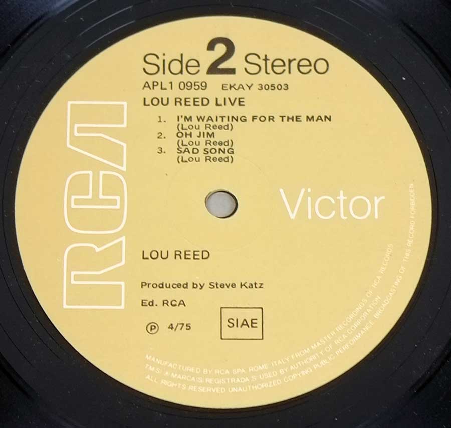 Side Two Close up of record's label LOU REED - Live Rock N Roll Animal Italian Release 12" LP VINYL Album