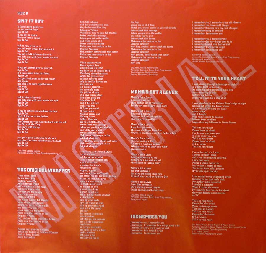 Lyrics of all the songs on the Mistrial album printed on the Original Custom Inner Sleeve
