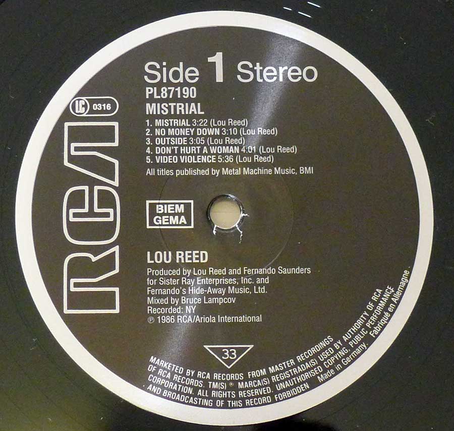 "Mistrial" Black Colour RCA Record Label Details: RCA PL87190 ℗ 1986 RCA/Ariola Sound Copyright 