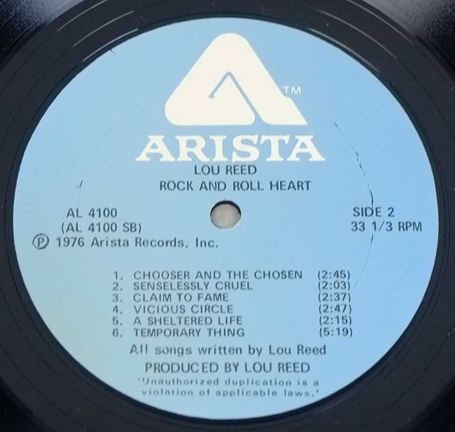 Close up of record's label LOU REED - Rock And Roll Heart Side Two