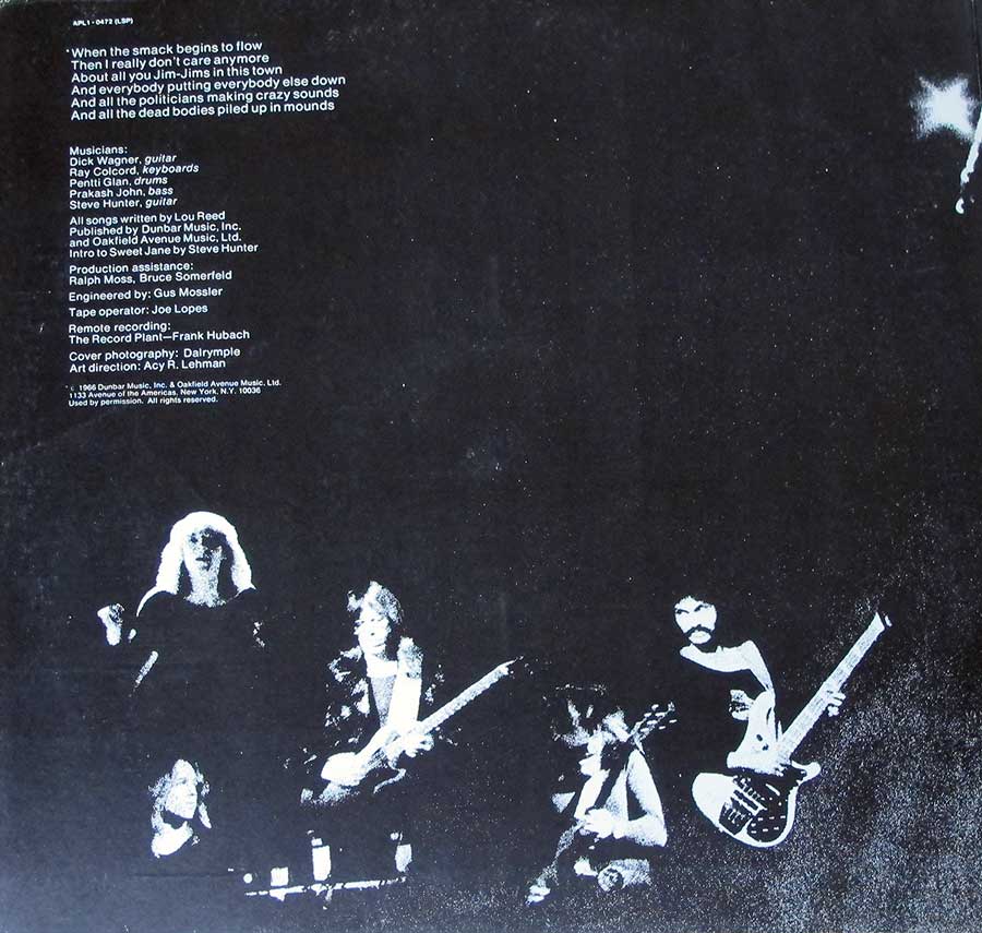 LOU REED - Rock N Roll Animal Gatefold 12" LP VINYL ALBUM inner gatefold cover