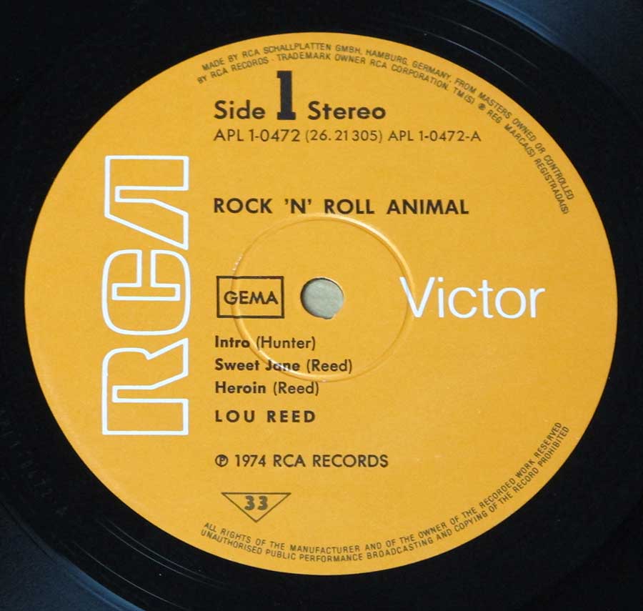 "Rock n Roll Animal by Lou Reed" Record Label Details: RCA Victor APL1-0472 (26.21 305) ℗ 1974 RCA Records Sound Copyright 