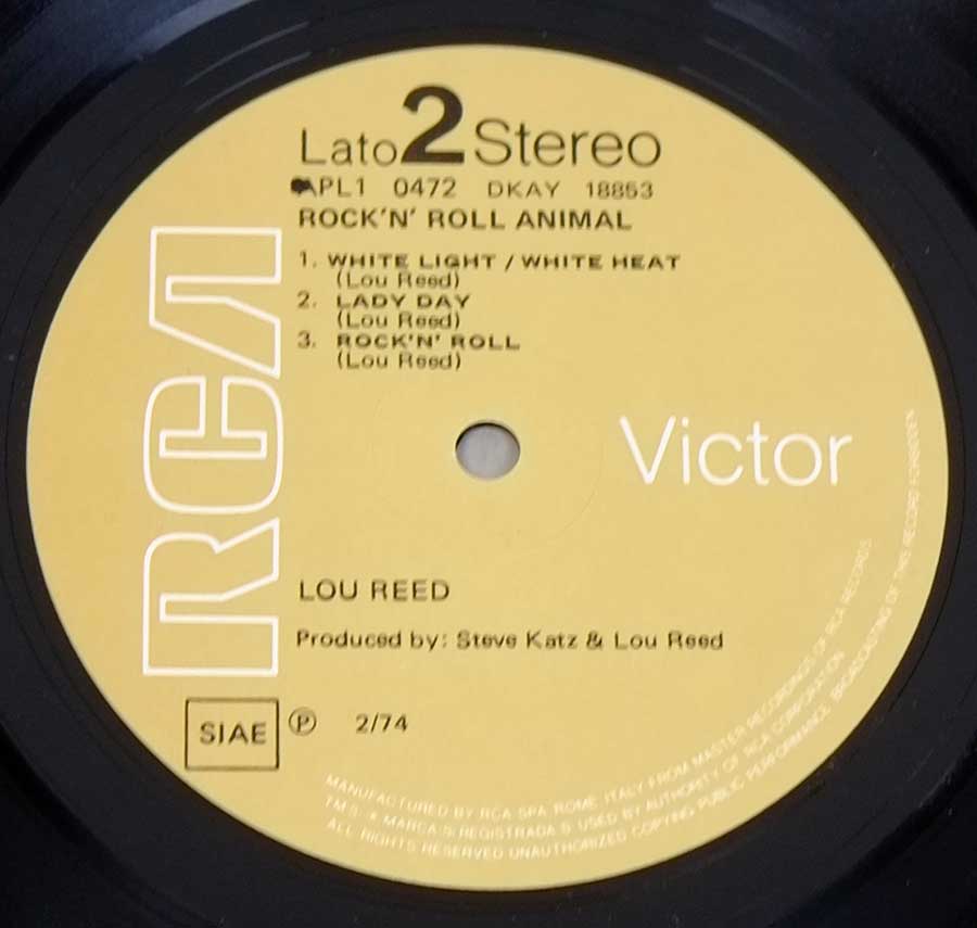 Side Two Close up of record's label LOU REED - Rock & Roll Animal Italy 12" LP Vinyl Album