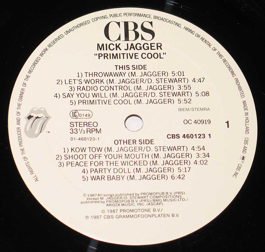 Close up of record's label MICK JAGGER - Primitive Cool 12" Vinyl LP Album Side One