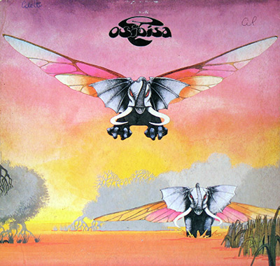 Cover of Osibisa's self-titled album featuring two winged elephants soaring over a vibrant sunset landscape with lush vegetation. Artwork by Roger Dean https://vinyl-records.nl