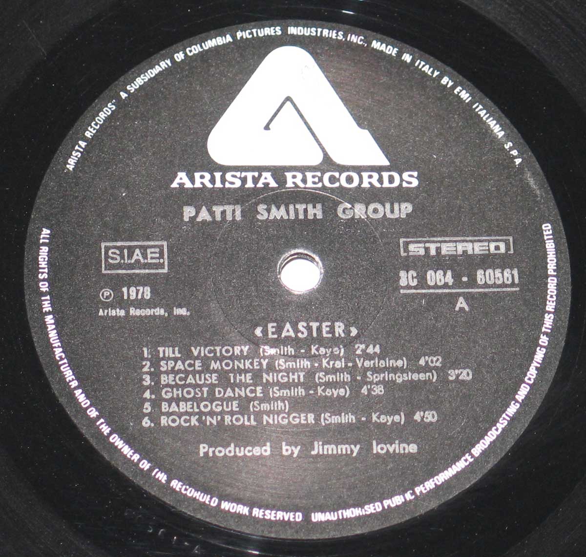 Close-up photo of the Italian release of the Black and White Arista record label  