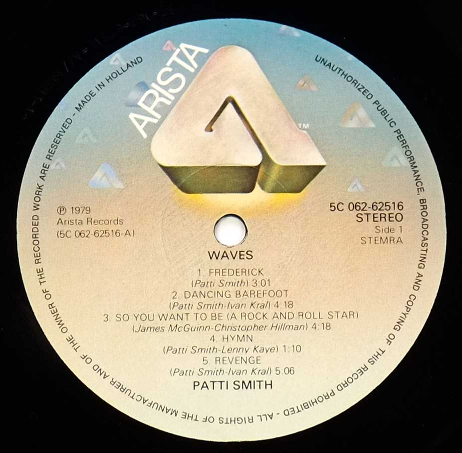 Close-up Photo of "PATTI SMITH - Wave" 12" LP ARISTA Record Label