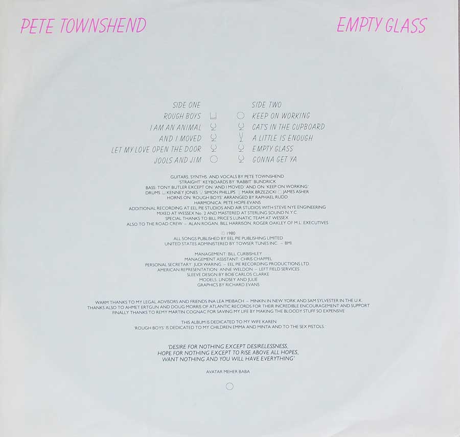 Photo One Of The Original Custom Inner Sleeve PETE TOWNSHEND - Empty Glass ( German Release ) 12" LP Vinyl Album 