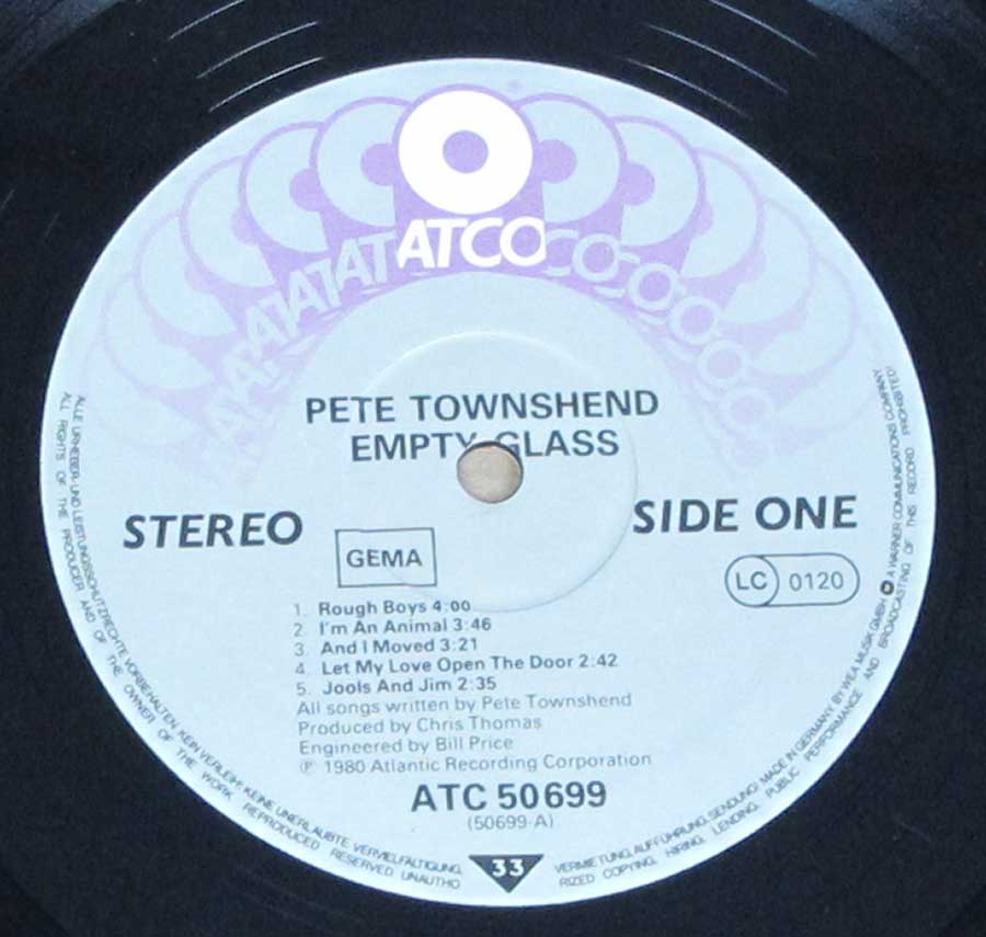 Close up of record's label PETE TOWNSHEND - Empty Glass ( German Release ) 12" LP Vinyl Album Side One