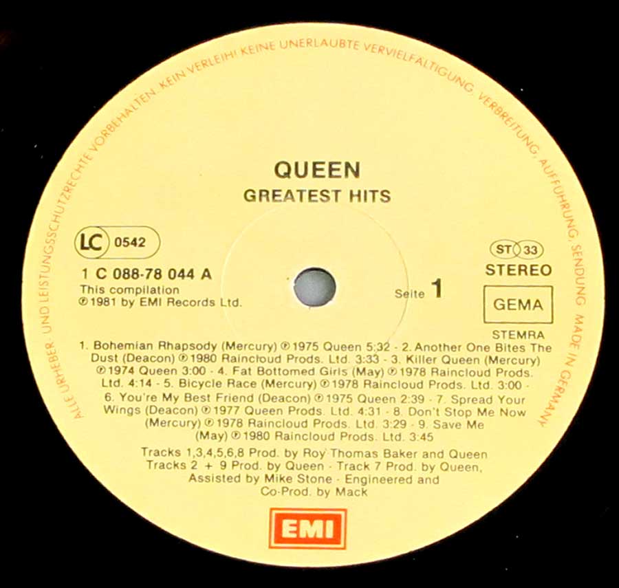 "Greatest Hits" Record Label Details: EMI 1C 088 -78 044 ℗ 1981 by EMI Records Ltd Sound Copyright 