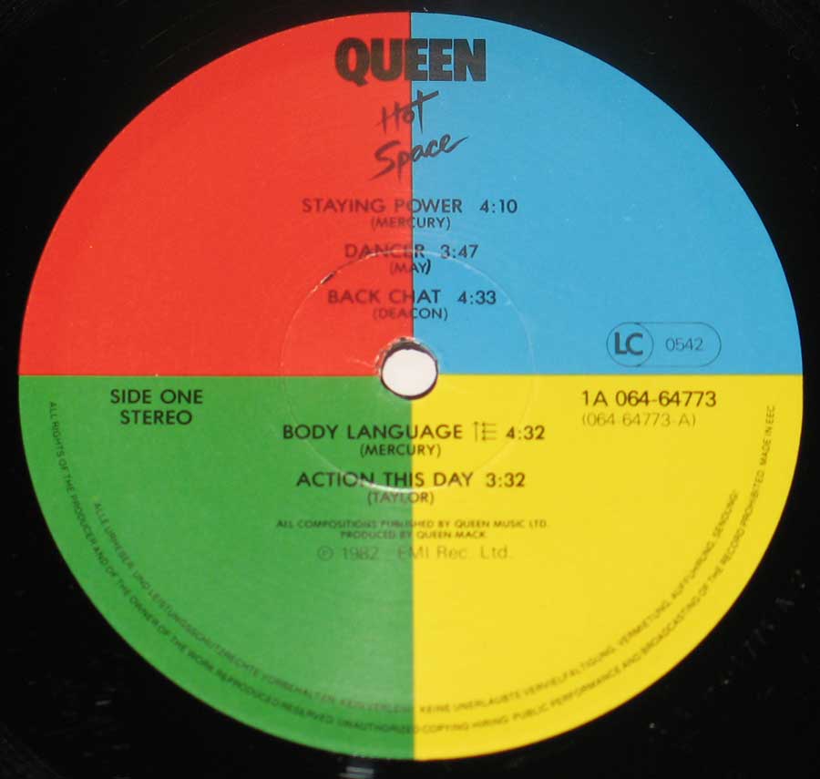 Close up of record's label QUEEN - Hot Space Side One