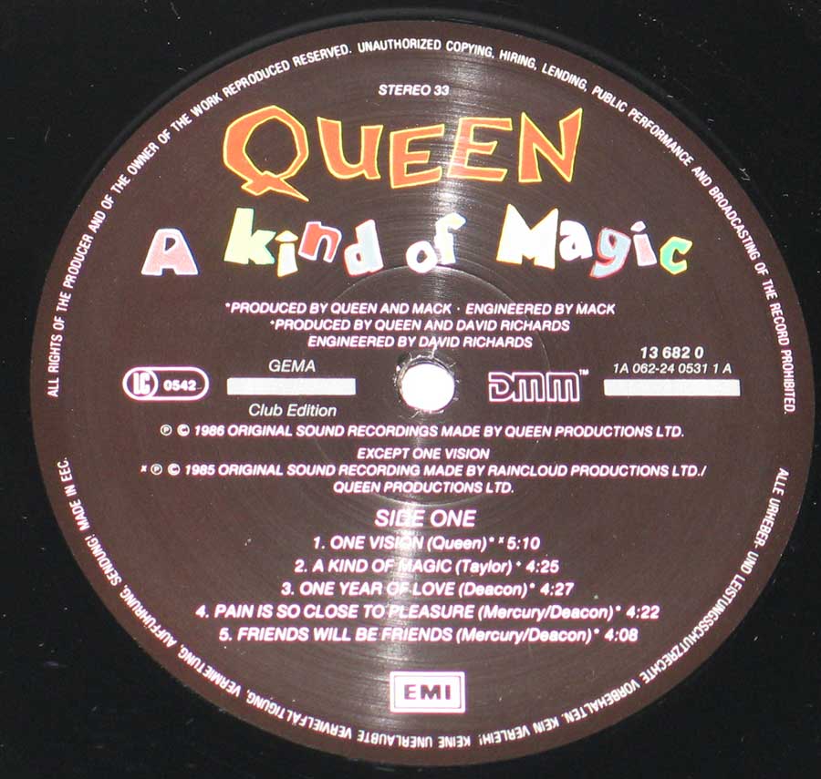 QUEEN - Kind Of Magic Club Edition 12" Vinyl LP Album enlarged record label