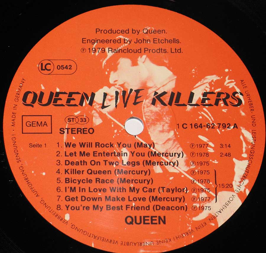 Close up of record's label QUEEN - Live Killers ( Gatefold Cover ) Side One
