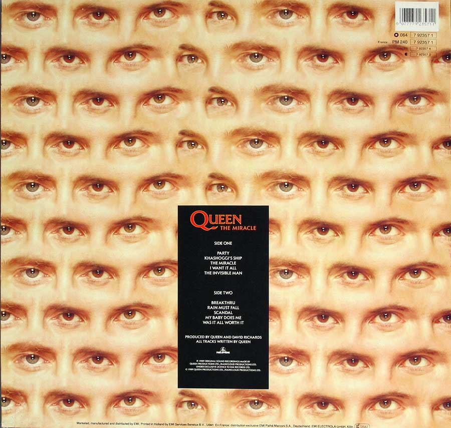 QUEEN - The Miracle Parlophone 1989 12" LP VINYL Album back cover