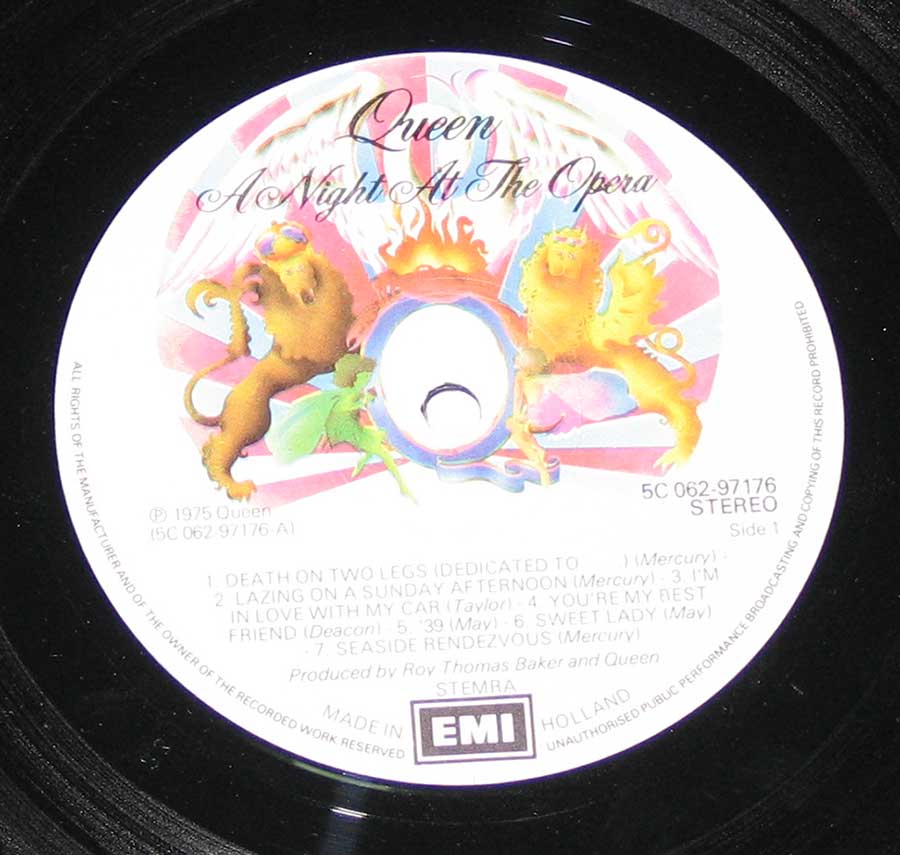 Close up of Side One record's label QUEEN - Night At The Opera Gatefold 12" Vinyl LP Album