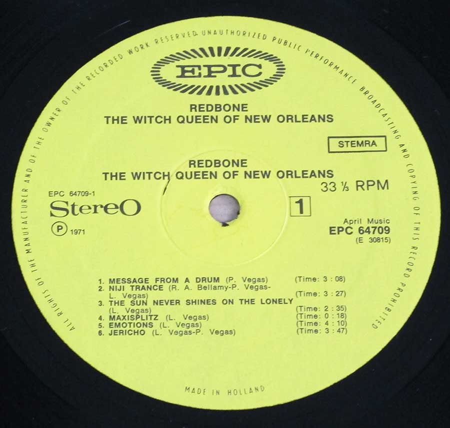 "The Witch Queen Of New Orleans" Yellow Colour EPIC Record Label Details: EPIC EPC 64709, Made in Holland ℗ April MusicSound Copyright 
