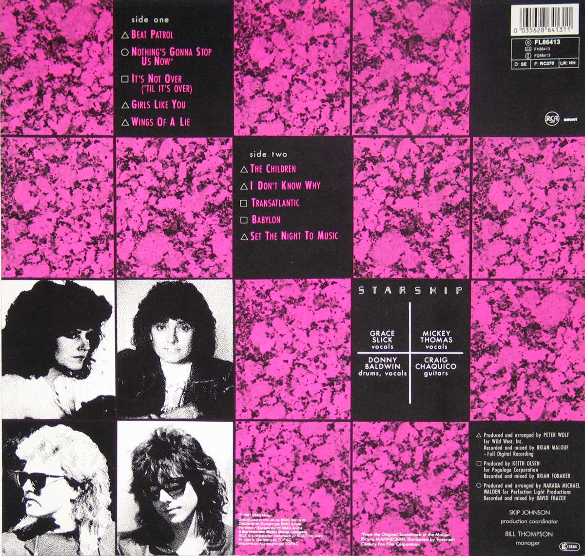 Back cover of Starship's 1987 album 'No Protection' with track listings, pink tile background, black-and-white portraits of band members, and full production credits.