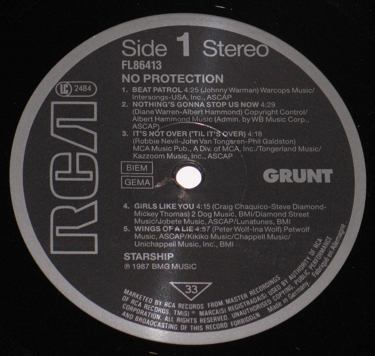 Side 1 label of Starship's 1987 album 'No Protection', showing tracklist, publishing credits, GRUNT logo, and RCA branding on a black vinyl record.