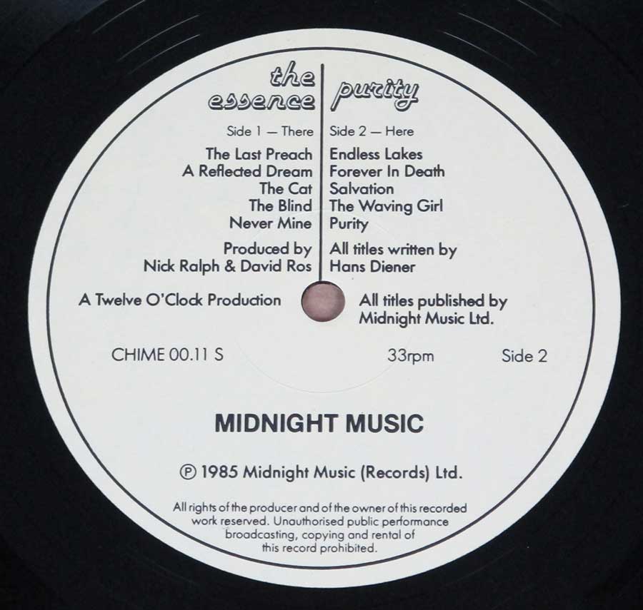 Close up of record's label THE ESSENCE - Purity Midnight Music 12" LP Vinyl Album Side Two