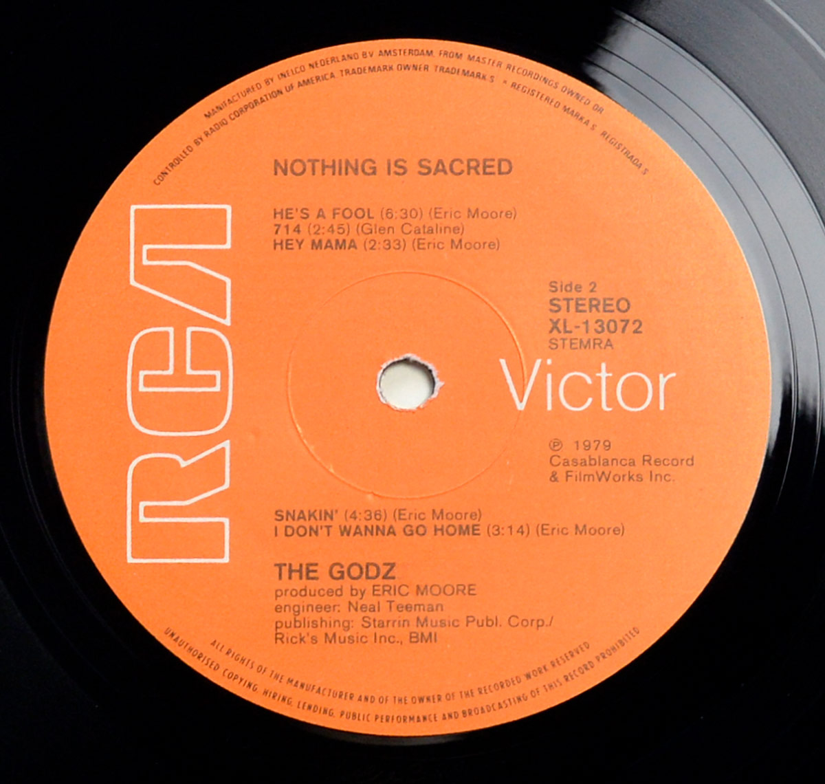 Side Two label of THE GODZ - Nothing Is Sacred LP, featuring an orange RCA Victor label with white RCA logo, tracklist, songwriting credits, and catalog number XL-13072.